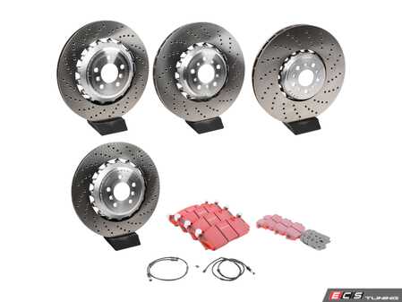 ES#5421186 - 34112284102tkKT - Front And Rear Brake Service Kit  - Features SHW Performance cross-drilled rotors, EBC RedStuff pads, and wear sensors. - Assembled By ECS - BMW