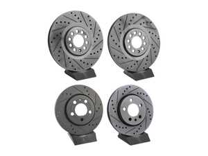 ES#5445754 - 8L0615301-XSKT - Front & Rear V5 Drilled & Slotted Brake Rotors - Set (312x25/256x22)
 - Precision manufactured for consistent stopping power during high performance driving. Featuring a matte black zinc coating for corrosion protection. - ECS - Audi Volkswagen