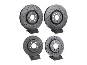 ES#5445777 - 8N0615301BKT1 - Front & Rear V5 Drilled & Slotted Brake Rotors - Set (334x32/256x22) - Precision manufactured for consistent stopping power during high performance driving. Featuring a matte black zinc coating for corrosion protection. - ECS - Audi Volkswagen