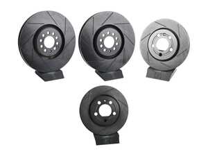 ES#5480696 - 8n0615301b-s1KT - Front & Rear V5 Slotted Brake Rotors - Set (334x32 / 256x22) - Precision manufactured for consistent stopping power during high performance driving. Featuring a matte black zinc coating for corrosion protection. - Assembled By ECS - Audi Volkswagen
