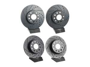 ES#5480748 - 5q0615301h-xs1KT - Front & Rear V5 Drilled & Slotted Brake Rotors - Set (288x25 / 272x10) - Precision manufactured for consistent stopping power during high performance driving. Featuring a matte black zinc coating for corrosion protection. - Assembled By ECS - Audi Volkswagen