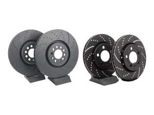 ES#5480837 - gd1153KT - Front & Rear GD Sport Slotted And Dimpled Brake Rotors - Set (334x32 / 256x22) - Upgrade to a slotted / dimpled rotor for improved braking - EBC - Audi Volkswagen
