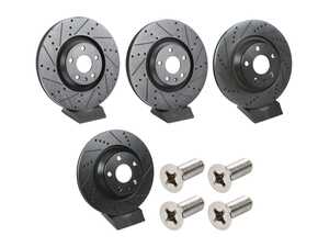 ES#5489304 - 8j0615301g2KT - Front & Rear V5 Drilled & Slotted Brake Rotors - Set (340x30/310x22) - Precision manufactured for consistent stopping power during high-performance driving. Featuring a matte black zinc coating for corrosion protection. - ECS - Audi