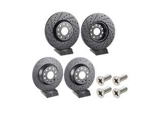 ES#5489102 - 5q0615301f1KT - Front & Rear V5 Drilled & Slotted Brake Rotors - Set (312x25/300x12) - Precision manufactured for consistent stopping power during high-performance driving. Featuring a matte black zinc coating for corrosion protection. - ECS - Audi Volkswagen