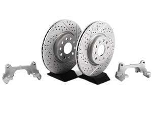 ES#8708 - 1K0698000 - Front Big Brake Kit - Cross Drilled & Slotted GEOMET Rotors (312x25) - Upgrade from 288mm to 312mm rotors. Reuses factory calipers, pads, and hardware! - Assembled By ECS - Volkswagen