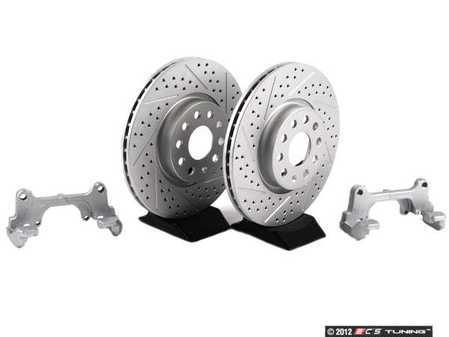 ES#8708 - 1K0698000 - Front Big Brake Kit - Cross Drilled & Slotted GEOMET Rotors (312x25) - Upgrade from 288mm to 312mm rotors. Reuses factory calipers, pads, and hardware! - Assembled By ECS - Volkswagen