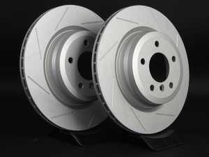 ES#2190262 - 6764655SLGMTLRA - Rear Slotted Brake Rotors - Pair (336x22) - Featuring GEOMET protective coating offering superior rust protection for long lasting, great looking rotors. - ECS - BMW