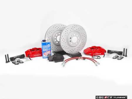 ES#1171 - MK4S2BBK-RXS - ECS Big Brake Kit - Stage 2 - Cross Drilled & Slotted Rotors (312x25) - (NO LONGER AVAILABLE) - Four piston Red Porsche Boxster caliper, caliper carrier, pads, sensors, exact-fit stainless steel lines, and hardware - ECS - 