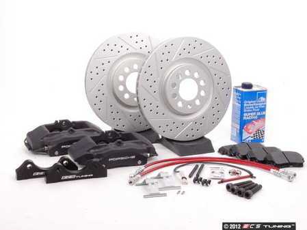 ES#1167 - MK4S2BBK-BKXS - ECS Big Brake Kit - Stage 2 - Cross Drilled & Slotted Rotors (312x25) - (NO LONGER AVAILABLE) - Four piston Black Porsche Boxster caliper, caliper carrier, pads, sensors, exact-fit stainless steel lines, and hardware - ECS - 