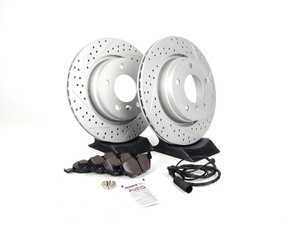 ES#2588182 - 34351164372TKT2 - Performance Rear Brake Service Kit - Featuring ECS GEOMET cross drilled and slotted rotors and Hawk HPS pads - Assembled By ECS - 