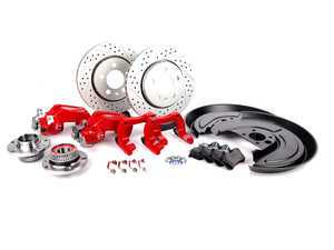 ES#3940 - 33720AERBKXRV2 - 337/20th/GLI Rear Big Brake Kit - Cross Drilled & Slotted Rotors (256x22) - Red - Includes ECS GEOMET cross drilled & slotted rotors, hubs, bearings, splash shields, hardware, carriers & calipers - Assembled By ECS - 