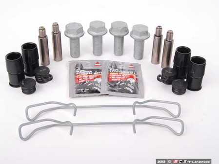 ES#2576122 - 1K0615124MKT - Front Pad And Rotor Installation Kit - Services Both Sides - Guide pins with bushings, carrier bolts, rattle clips & brake quiet - Assembled By ECS - Volkswagen