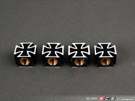 ES#1832847 - JOM2051 - Iron Cross Valve Stem Cap - Set Of Four - (NO LONGER AVAILABLE) - Black/Chrome iron cross shaped valve stem caps - JOM - 