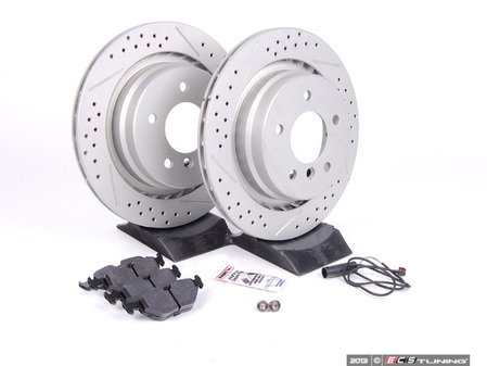 ES#2587265 - 34351181342KT3 - Performance Rear Brake Service Kit - Featuring ECS GEOMET cross drilled and slotted rotors and Hawk HPS pads - Assembled By ECS - 