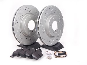 ES#2594630 - 34352227385DSKT - Performance Front Brake Service Kit - (NO LONGER AVAILABLE) - Featuring ECS GEOMET cross drilled and slotted rotors and Hawk HPS pads - Assembled By ECS - 