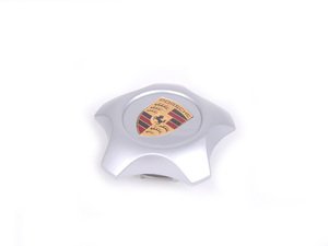 ES#1446539 - 955361303309A1 - Silver Star-Shaped Center Cap With Full Color Porsche Crest - Priced Each - Beautiful 5-point OEM crested cap - 4 required - Genuine Porsche - Porsche