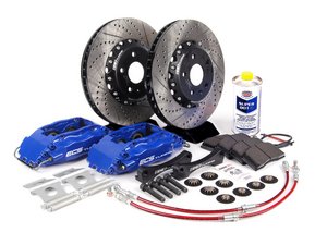 ES#260944 - 1K0698304 - Front Big Brake Kit - Stage 3 - 2-Piece Cross-Drilled & Slotted Rotors (332x32) - (NO LONGER AVAILABLE) - Featuring ECS 4-piston brake calipers, caliper brackets, Hawk HPS pads, drilled and slotted semi-floating two-piece rotors, Exact-Fit stainless steel lines and hardware - ECS - 