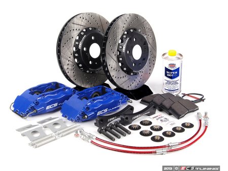 ES#260944 - 1K0698304 - Front Big Brake Kit - Stage 3 - 2-Piece Cross-Drilled & Slotted Rotors (332x32) - (NO LONGER AVAILABLE) - Featuring ECS 4-piston brake calipers, caliper brackets, Hawk HPS pads, drilled and slotted semi-floating two-piece rotors, Exact-Fit stainless steel lines and hardware - ECS - 
