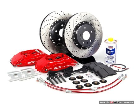 ES#257483 - 1K0698300 - Front Big Brake Kit - Stage 3 - 2-Piece Cross-Drilled & Slotted Rotors (332x32) - Featuring ECS 4-piston brake calipers, caliper brackets, Hawk HPS pads, drilled and slotted semi-floating two-piece rotors, Exact-Fit stainless steel lines and hardware - ECS - Audi Volkswagen