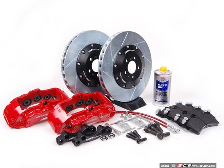 ES#4167 - MK4S5BBK-RSLT - Stage 5 Big Brake Kit - Slotted 358x32mm Rotors - (NO LONGER AVAILABLE) - Includes Red six piston Cayenne caliper, caliper carrier, pads, sensors, floating zinc coated rotors, exact-fit stainless steel lines, and hardware. - ECS - 