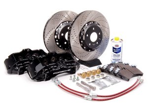 ES#7370 - MK5A3S5BBK-bXS - Front Big Brake Kit - Stage 5 - 2-Piece Cross-Drilled & Slotted Rotors (352x32) - With Black Calipers - (NO LONGER AVAILABLE) - Six-piston Porsche Cayenne caliper, pads, two-piece rotors, exact-fit stainless steel lines, and hardware - ECS - 