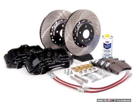 ES#7370 - MK5A3S5BBK-bXS - Front Big Brake Kit - Stage 5 - 2-Piece Cross-Drilled & Slotted Rotors (352x32) - With Black Calipers - (NO LONGER AVAILABLE) - Six-piston Porsche Cayenne caliper, pads, two-piece rotors, exact-fit stainless steel lines, and hardware - ECS - 