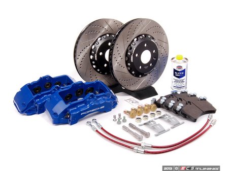 ES#7324 - MK5A3S5BBK-BLUXS - Front Big Brake Kit - Stage 5 - 2-Piece Cross-Drilled & Slotted Rotors (352x32) - With Blue Calipers - (NO LONGER AVAILABLE) - Six-piston Porsche Cayenne caliper, pads, two-piece rotors, exact-fit stainless steel lines, and hardware - ECS - 