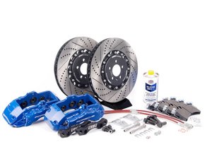 ES#4406 - R32TTS5BBK-BLUXS - Front Big Brake Kit - Stage 5 - 2-Piece Cross-Drilled & Slotted Rotors (358x32) - (NO LONGER AVAILABLE) - Six piston Porsche Cayenne caliper, caliper carrier, pads, two-piece rotors, exact-fit stainless steel lines, and hardware - ECS - 
