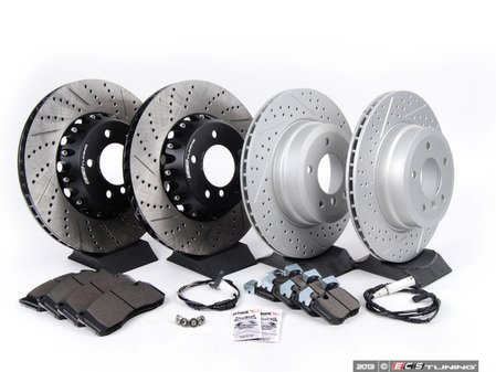 ES#2649828 - 34116778647-KT3 - Performance Front & Rear Brake Service Kit - Featuring ECS front 2 piece drilled and slotted and rear ECS V5 drilled and slotted rotors with ECS EP24 Enthusiast Performance pads - Assembled By ECS - BMW