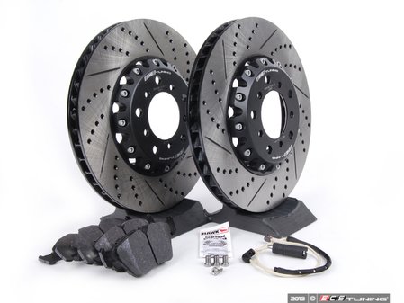 ES#2702944 - 000505ECS01AKT2 - Performance Front Brake Service Kit - (NO LONGER AVAILABLE) - Featuring ECS 2-piece semi-floating cross drilled and slotted rotors and ECS EP24 "Enthusiast Performance" brake pads. - Assembled By ECS - 