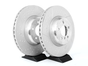 ES#2568621 - 34106797603kt - Front Brake Rotors - Pair (370x30) - Performance braking option from the factory, cross drilled & slotted brake rotors (370x30). Bolted two-piece design. - Genuine BMW M Performance - BMW