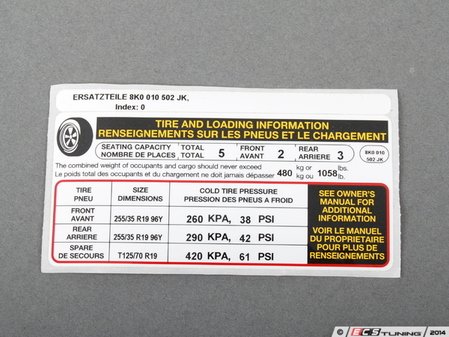 ES#2571595 - 8K0010502ML - Tire & Loading Information Sticker - Located in left side front door jam - Genuine Volkswagen Audi - Audi
