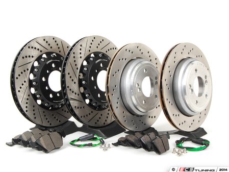 ES#2739009 - 34112282445KT - Performance Front & Rear Brake Service Kit - Featuring front ECS 2-piece cross drilled and slotted rotors, rear genuine euro BMW semi-floating cross drilled rotors, and ECS EP24 Enthusiast Performance pads - Assembled By ECS - BMW
