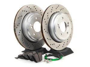 ES#2739008 - 34212282303KT - Performance Rear Brake Service Kit - Featuring genuine euro BMW cross drilled semi-floating rotors and ECS EP24 Enthusiast Performance pads - Assembled By ECS - BMW