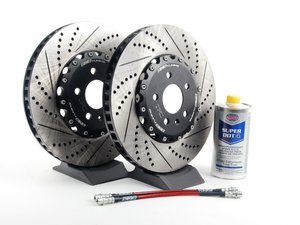 ES#2739012 - 8E0615301TKT5 - Front Brake Kit - Stage 1 - 2-Piece Cross Drilled & Slotted Rotors (345x30) - Upgrade your brake system with 2-piece rotors and stainless steel lines - ECS - Audi