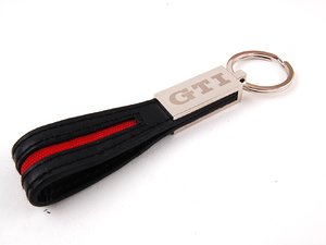 ES#1876666 - 18964 - GTI Leather Key Tag - Black - (NO LONGER AVAILABLE) - Leather keychain with red canvas stripe and chrome trim. GTI logo laser engraved on clip. - DriverGear - 