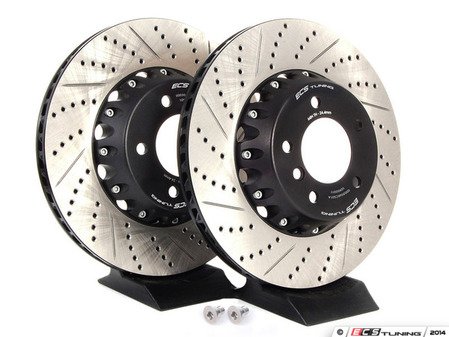 ES#2550968 - 000506ECS01AKT - 2-Piece Lightweight Front Brake Rotors - Pair (338x26) - Direct bolt-on cross-drilled and slotted replacement - 20% less weight. Offers improved braking, handling, and ride quality! - ECS - BMW