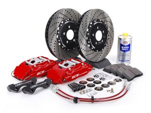 ES#262958 - ECS993500 -  Stage 3 Big Brake Kit - Red 4 Piston Brake Calipers (332x32mm) - Featuring ECS 4-piston brake calipers, caliper brackets, Hawk HPS pads, drilled and slotted semi-floating two-piece rotors, Exact-Fit stainless steel lines and hardware - ECS - Volkswagen