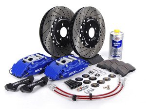 ES#514244 - ECS993502 - Stage 3 Big Brake Kit - Blue 4 Piston Brake Calipers (332x32mm) - (NO LONGER AVAILABLE) - Featuring ECS 4-piston brake calipers, caliper brackets, Hawk HPS pads, drilled and slotted semi-floating two-piece rotors, Exact-Fit stainless steel lines and hardware - ECS - 
