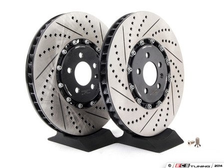 ES#2713047 - 001423ECS01AKT - Front Cross-Drilled & Slotted 2-Piece Brake Rotors - Pair (334x32) - Save weight by bolting on these 2-piece rotors at 15% less weight than factory! - ECS - Audi Volkswagen