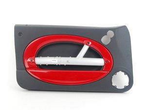 ES#99756 - 51417141289 - Door Trim Panel Left - Chili Red / Panther Black - Full door panel with silver door pull structure - Genuine MINI - MINI
