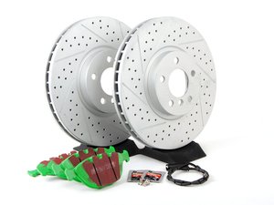 ES#2762189 - 34116756847PFKT - Performance Front Brake Service Kit - Featuring ECS GEOMET Cross Drilled & Slotted Rotors with EBC GreenStuff Pads - Assembled By ECS - 