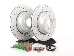 ES#2762190 - 34216756849PRKT - Performance Rear Brake Service Kit - Featuring ECS GEOMET Cross Drilled & Slotted Rotors with EBC GreenStuff Pads - Assembled By ECS - 