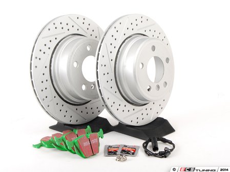 ES#2762190 - 34216756849PRKT - Performance Rear Brake Service Kit - Featuring ECS GEOMET Cross Drilled & Slotted Rotors with EBC GreenStuff Pads - Assembled By ECS - 