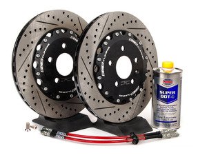 ES#2730486 - 8k0698301mKT5 - Rear Brake Kit - Stage 1 - 2-Piece Cross Drilled & Slotted Rotors (330x22) - Upgrade your brake system with 2-piece rotors and stainless steel lines - ECS - Audi