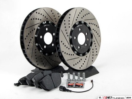 ES#2765757 - 001423ECS01AKT3 -  Performance Front Brake Service Kit (334x32) - Featuring ECS 2-piece semi-floating cross drilled and slotted rotors with Hawk HPS pads - Assembled By ECS - Volkswagen