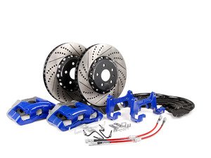 ES#2718614 - 1K0698010 -  Front Big Brake Kit - 2-Piece Cross-Drilled & Slotted Rotors (345x30) - Upgrade your stopping power to the MKV R32 setup with Blue calipers - Assembled By ECS - 