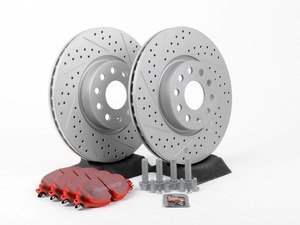 ES#2848991 - 1k0615301ADFRKT - Front Brake service kit (312x25) - (NO LONGER AVAILABLE) - Featuring ECS GEOMET drilled and slotted rotors and EBC RedStuff pads - Assembled By ECS - 