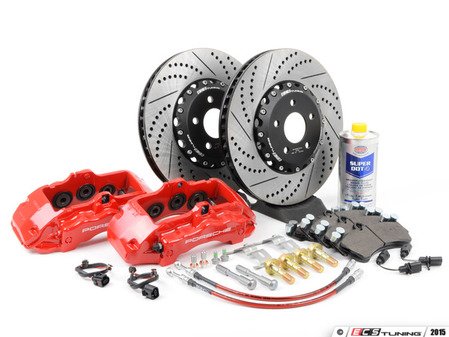 ES#1896 - B5S4S4BBKRXS -  Front Big Brake Kit - Stage 4 - 2-Piece Cross Drilled & Slotted Rotors (352x32) - Featuring red 6 piston Porsche Cayenne calipers - ECS - Audi