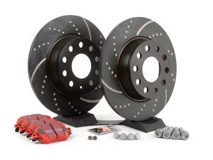 ES#2848971 - 1k0615601KT -  Rear Brake Service Kit (272x10) - Featuring EBC slotted and dimpled rotors and EBC Red Stuff pads - Assembled By ECS - Volkswagen